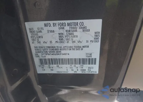 2005 Ford F-150 Fx4/Lariat/Xlt из США, поврежденный, VIN 1FTPW14525KF04974